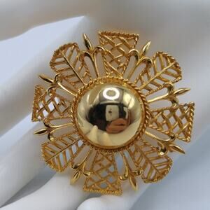 Vintage Gold Tone Flower Brooch, Reflective Center, Filigree Petals, 2 1/8 Inch